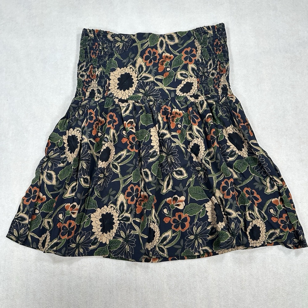 Natural Life Navy Floral Print Boho Smocked Skirt Small